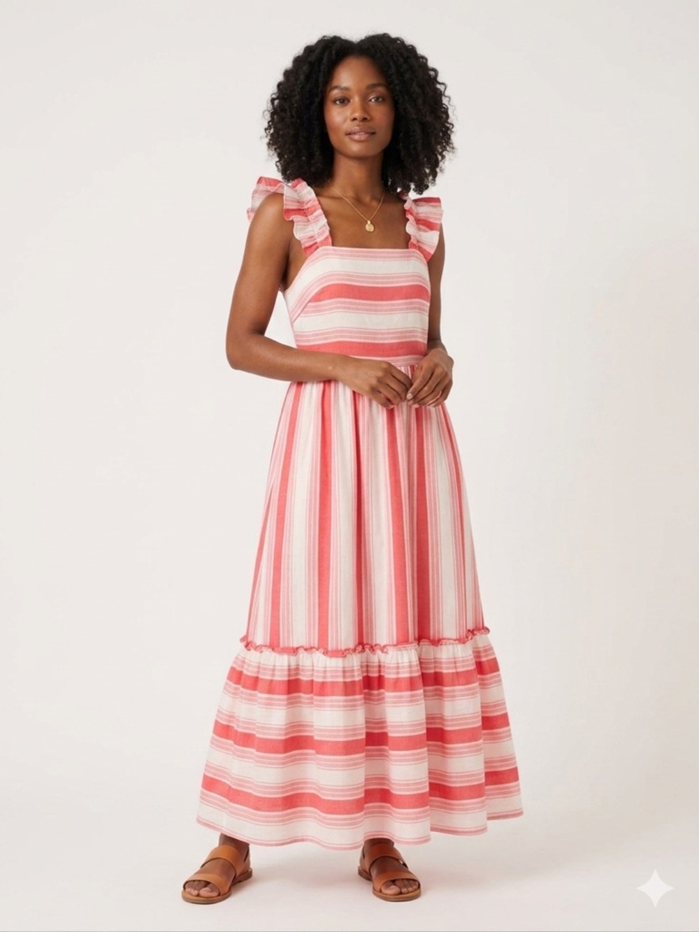 J.Crew Re-Imagined Pink Stripe Smocked Midi Dress Ruffle Straps Size 14 Cotton